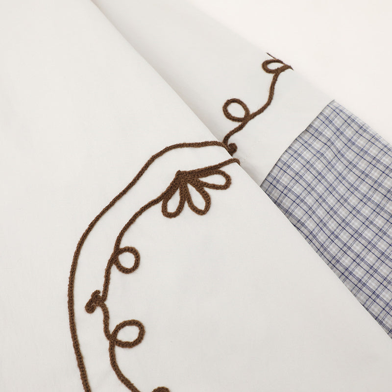 Embroidered Patchwork Plaid Long Sleeve Shirt – Oversized Floral Vine Design