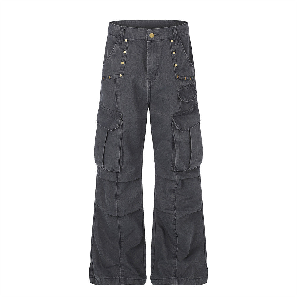 Men's washed wide-leg multi-pocket cargo pants in grey with brass rivets and flared hem