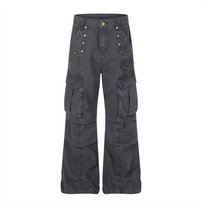 Men's washed wide-leg multi-pocket cargo pants in grey with brass rivets and flared hem