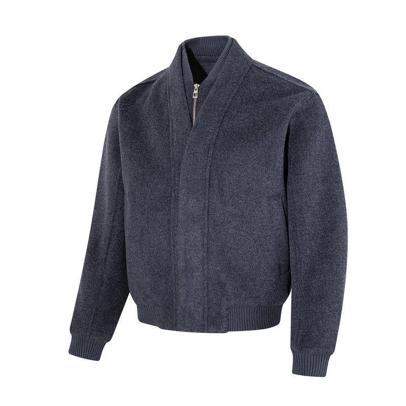 Wool Blend Bomber Jacket – Double-Layer Collar, Zip-Up Men's Coat
