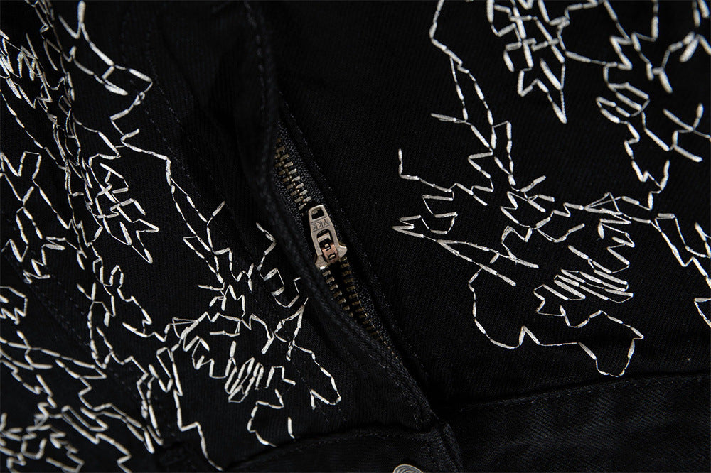 Wide-Leg Denim Shorts – All-Over Chaotic Stitch Embroidery, Hip-Hop Style