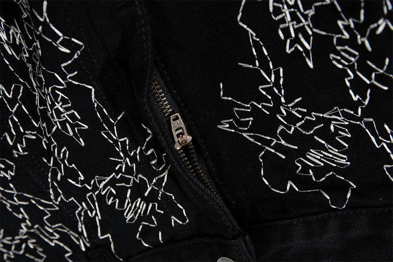 Wide-Leg Denim Shorts – All-Over Chaotic Stitch Embroidery, Hip-Hop Style