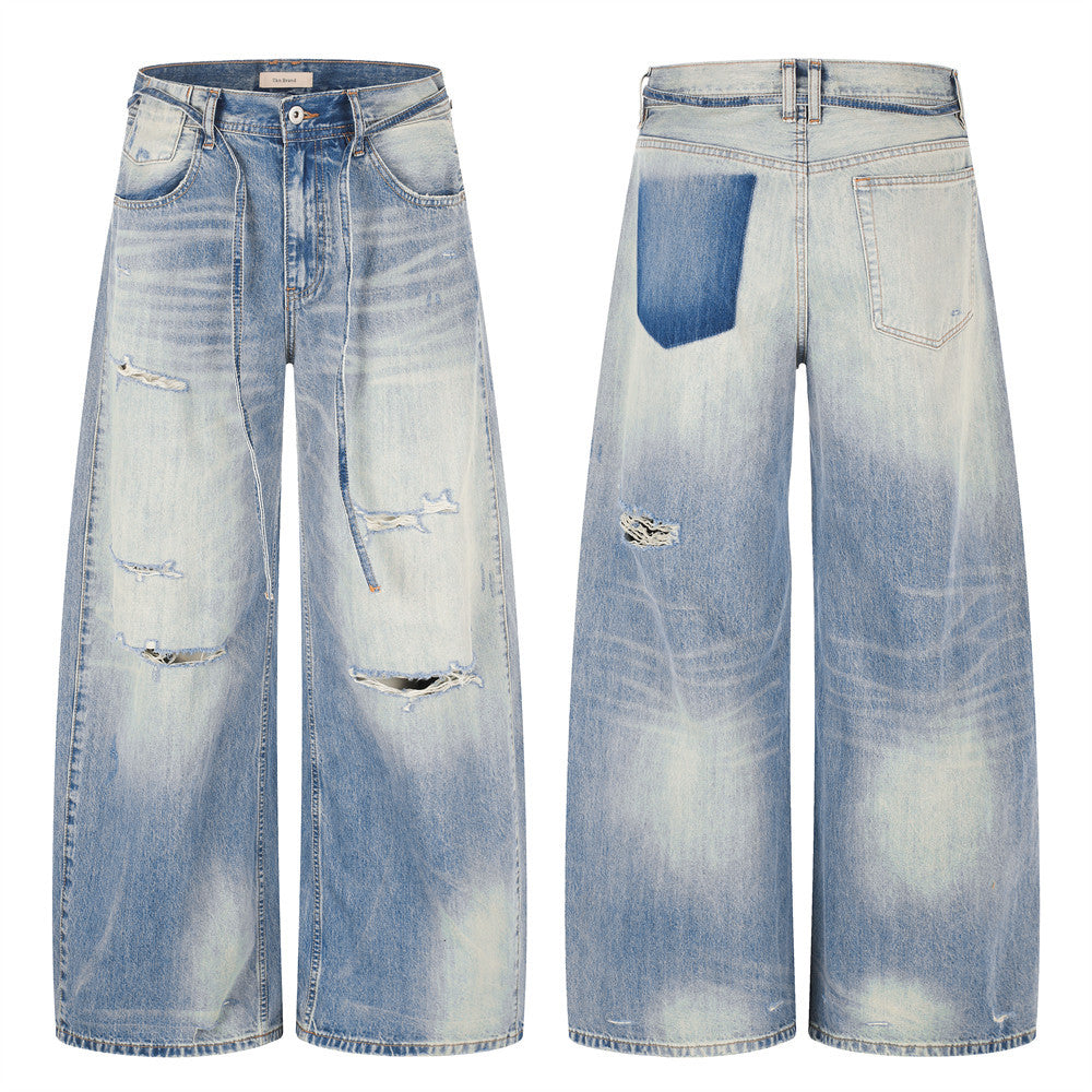 Wide-Leg Distressed Jeans – Gradient Washed Denim with Ripped Details