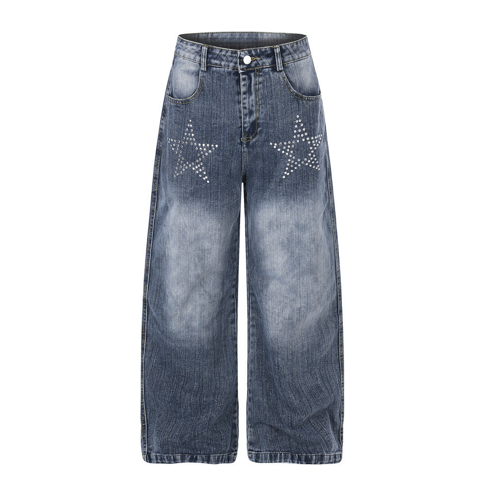 Vintage Washed Wide-Leg Jeans with Star Rhinestone Detail