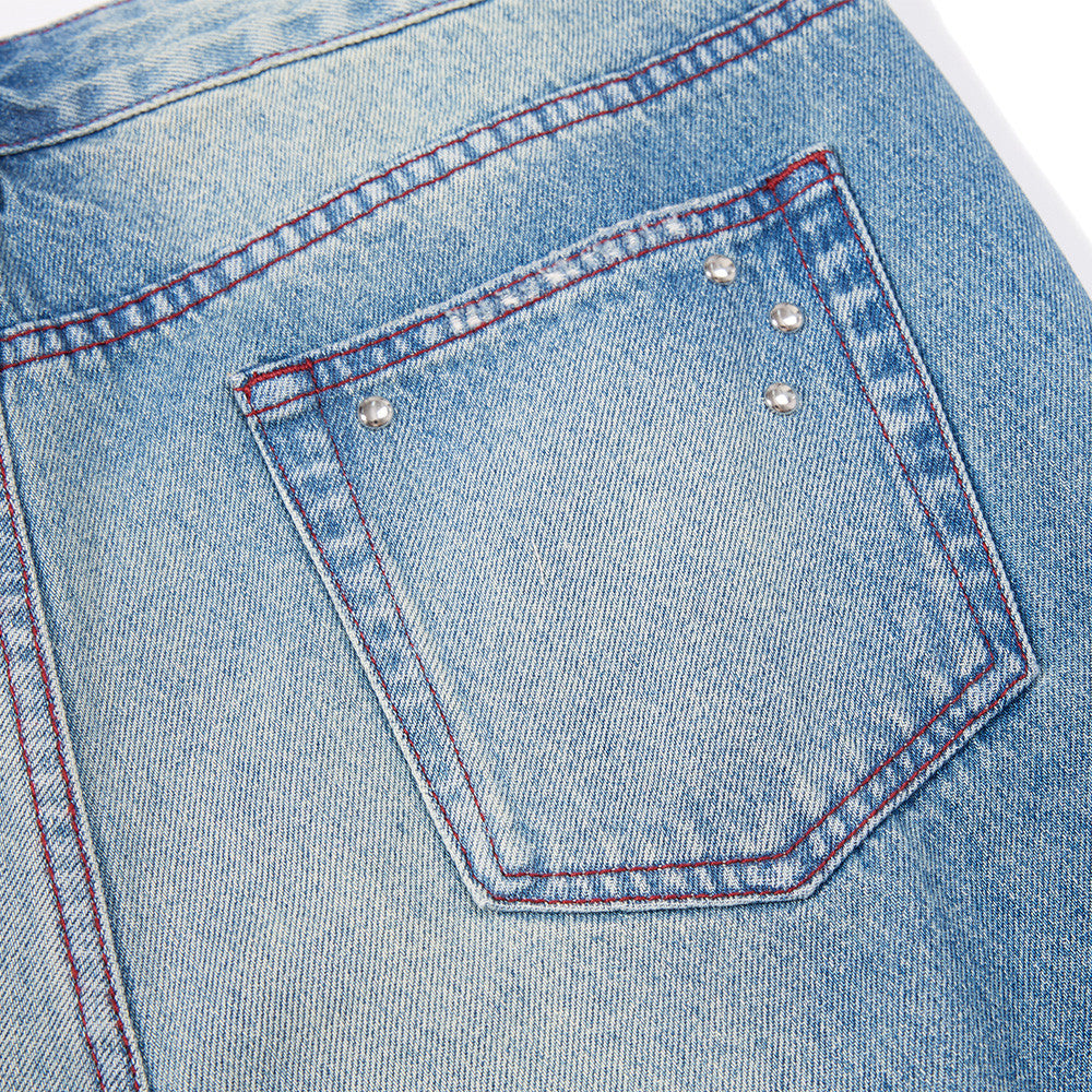 Men's Distressed Wide-Leg Flare Jeans with Stud Details – Washed Blue