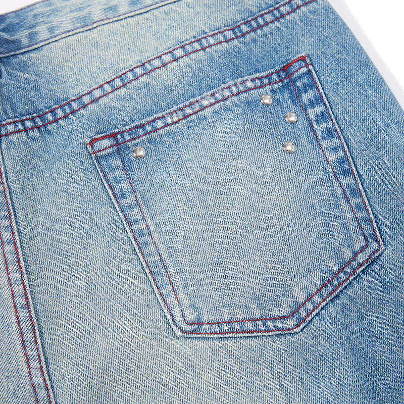 Men's Distressed Wide-Leg Flare Jeans with Stud Details – Washed Blue