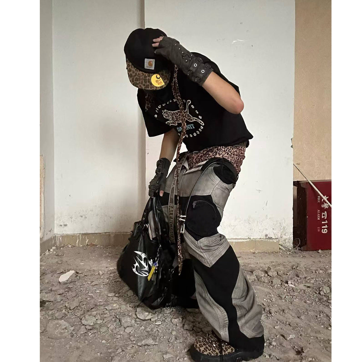Baggy Cargo Pants Men's Black Grey Patchwork Wide-Leg Tactical Trousers