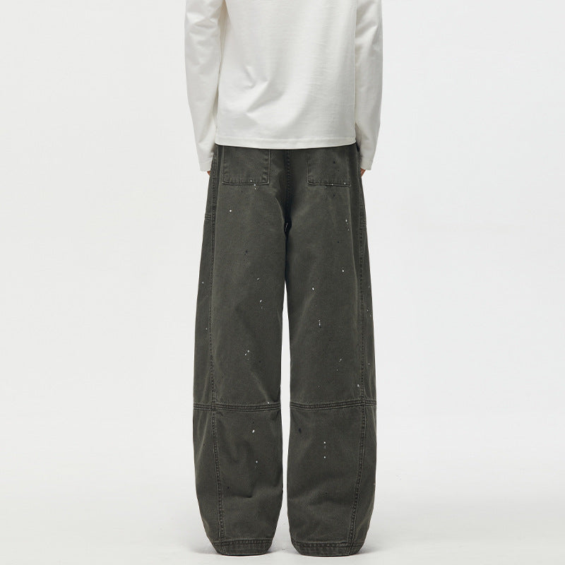 Baggy Cargo Pants Men – Olive Green Paint-Splatter Deconstructed Workwear