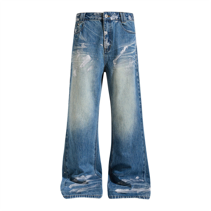 Distressed Flare Jeans – Men's Washed Blue Wide-Leg Denim with Paint Splatter