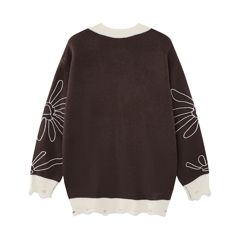 Herren-Strickcardigan mit Blumenstickerei und V-Ausschnitt – Relaxed Fit