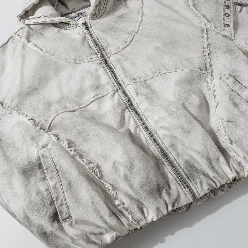 Oversized Hooded Puffer Jacket – Distressed Raw-Edge Washed Streetwear Cotton