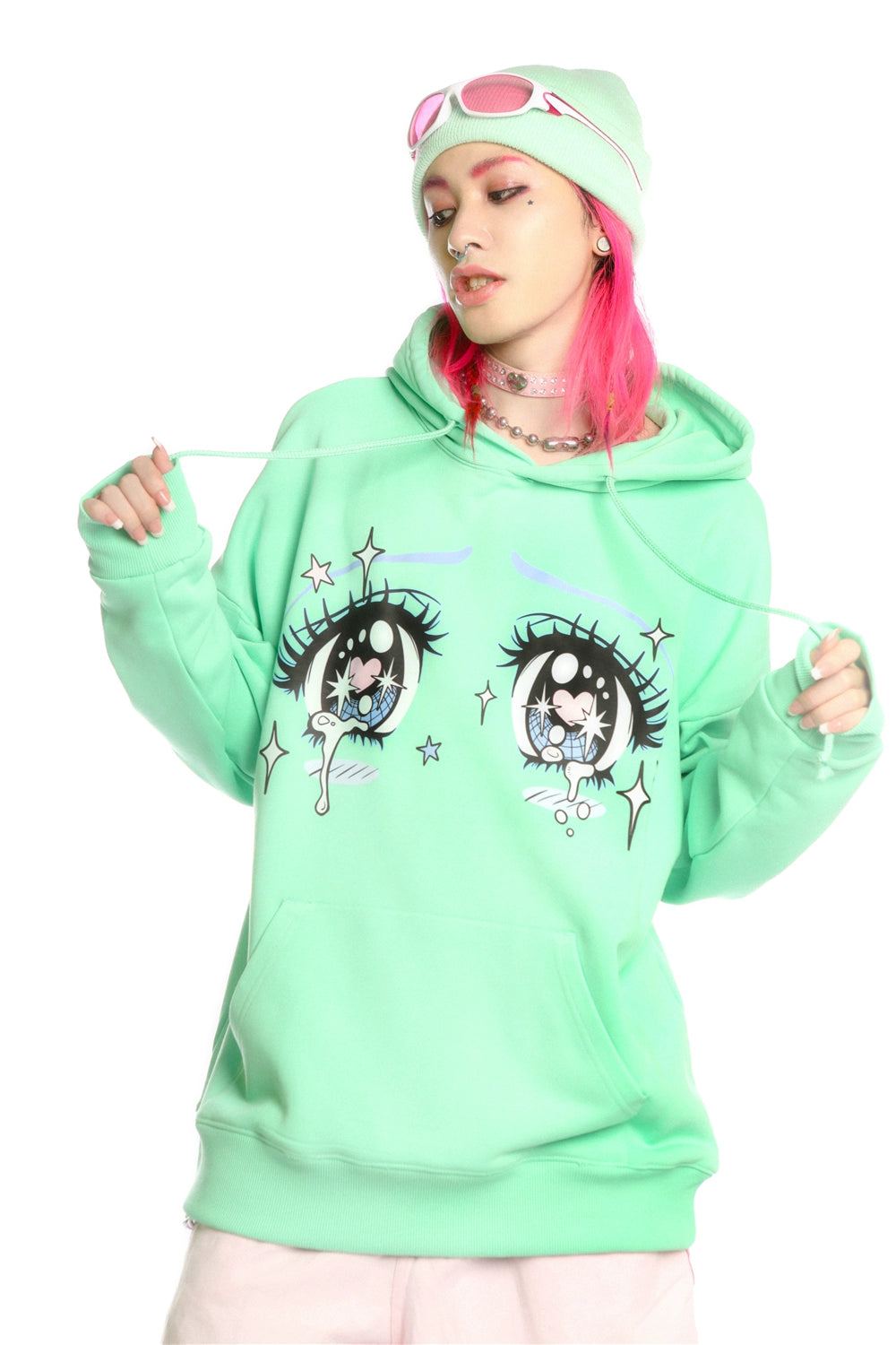 Kawaii Aesthetic Crying Eyes Hoodie – Pastel &amp; Dark Anime Pullover with Sleeve Graphics