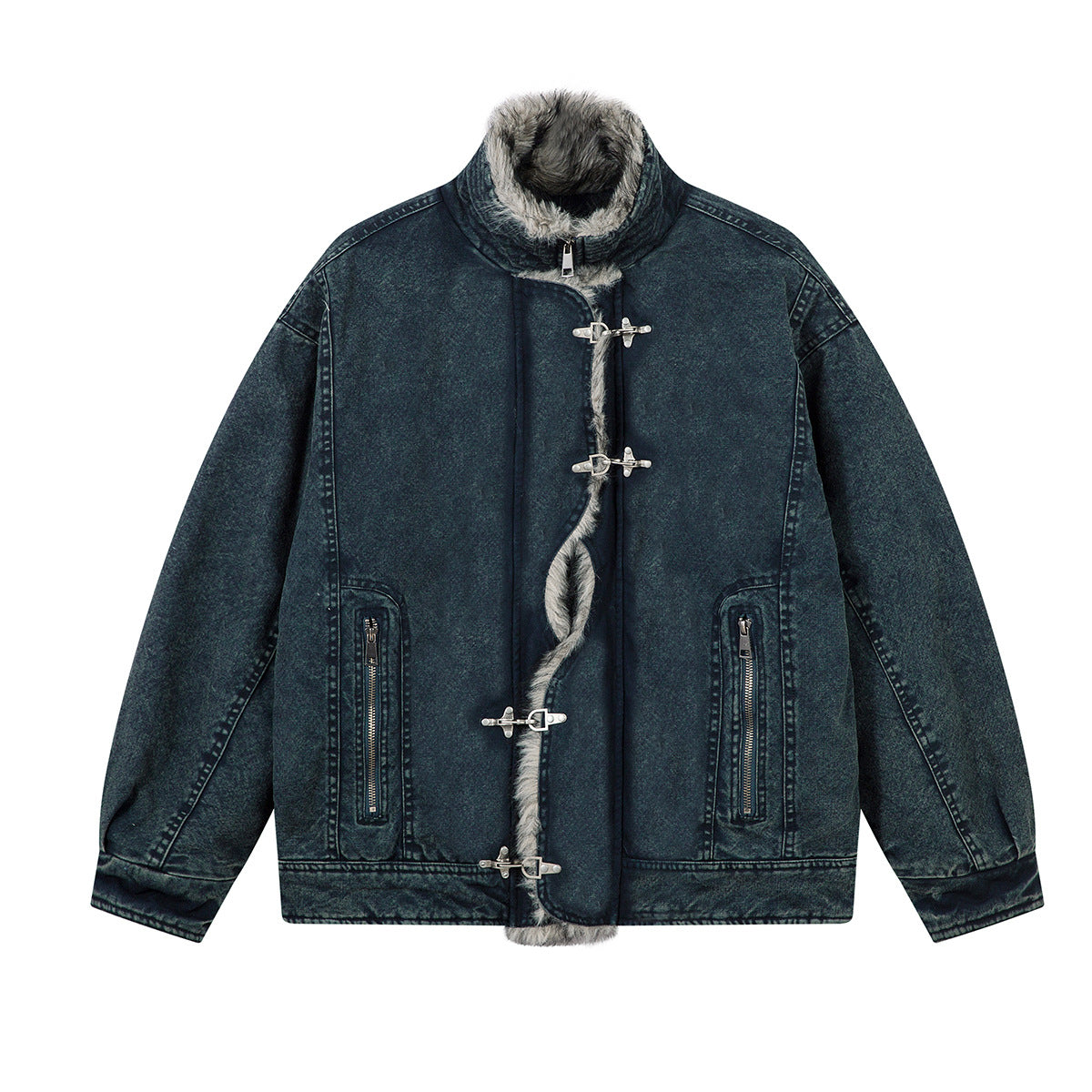 Sherpa Lined Denim Jacket with Fur Collar & Toggle Clasps