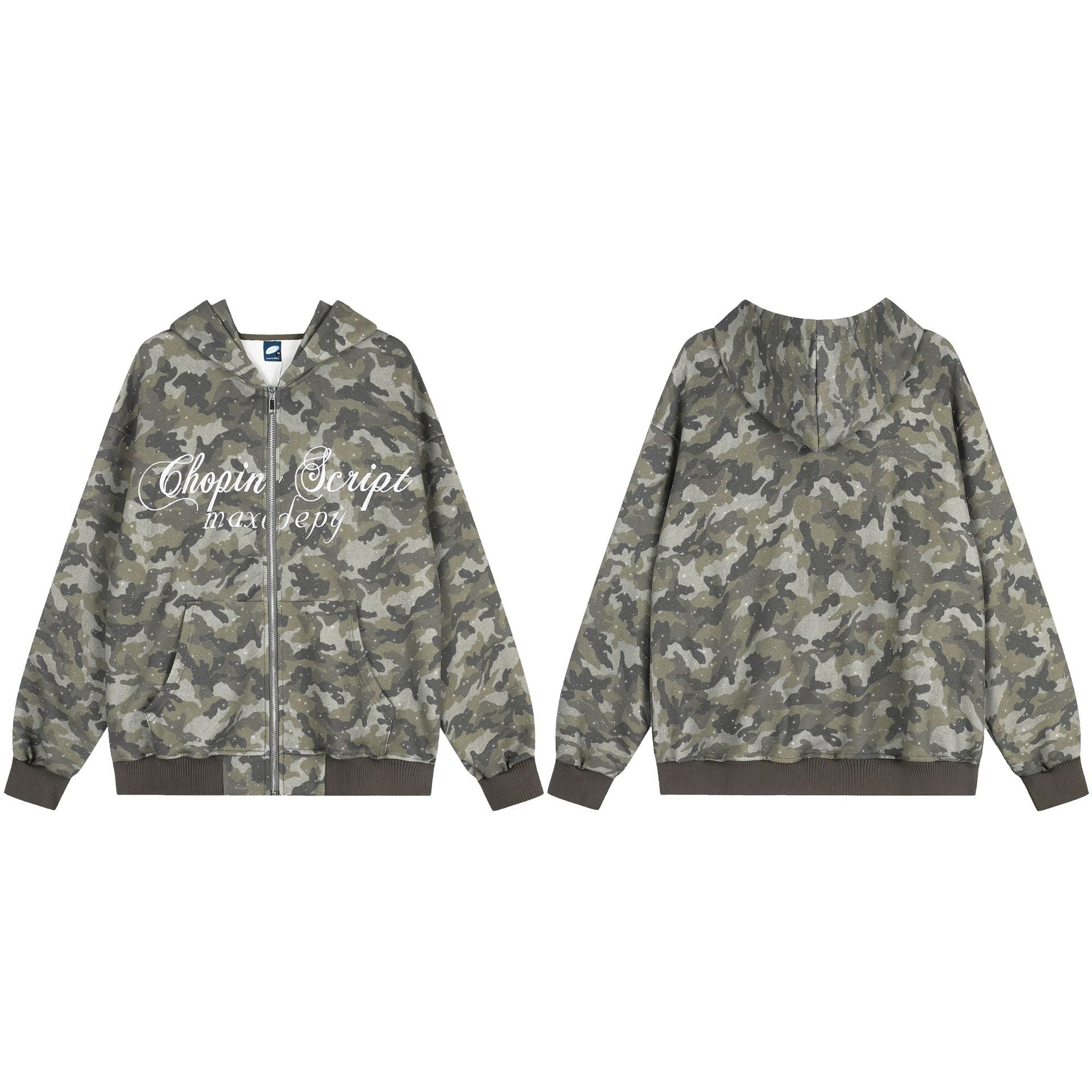 Sweat à capuche zippé camouflage – Sweat oversize camouflage scintillant entièrement zippé avec
