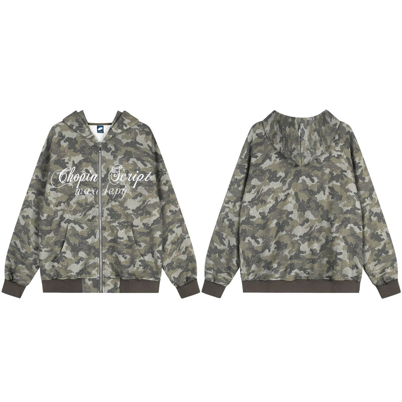 Sweat à capuche zippé camouflage – Sweat oversize camouflage scintillant entièrement zippé avec