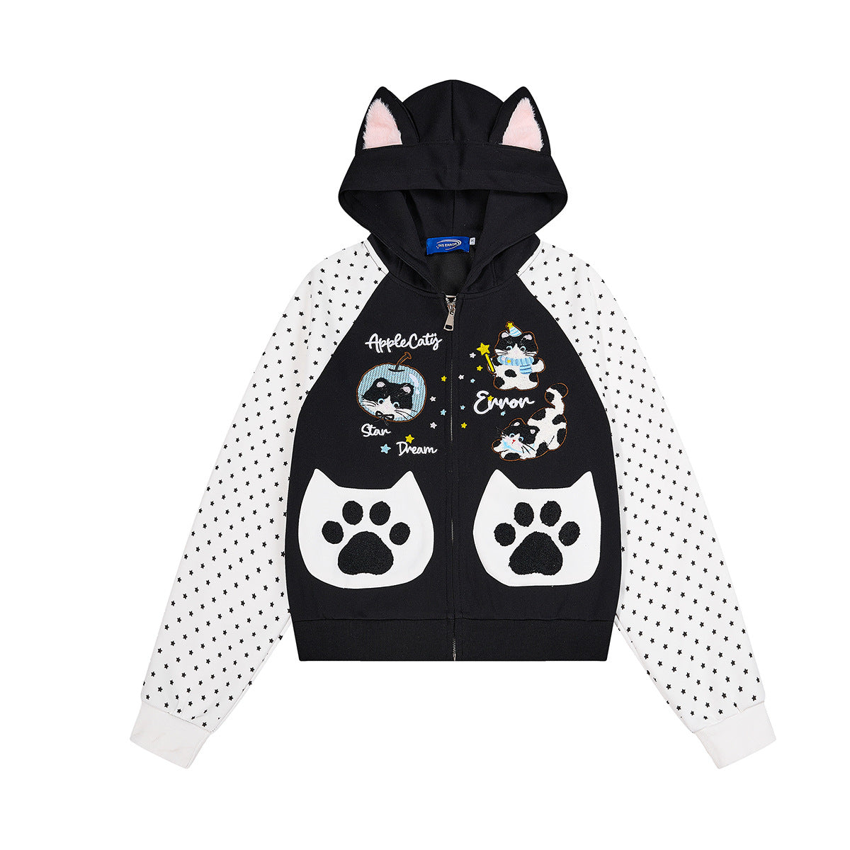 Hoodie zippé à oreilles de chat avec manches raglan étoilées et poches-pattes