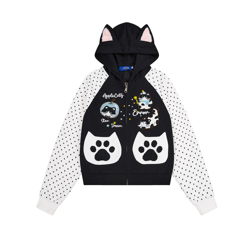 Hoodie zippé à oreilles de chat avec manches raglan étoilées et poches-pattes