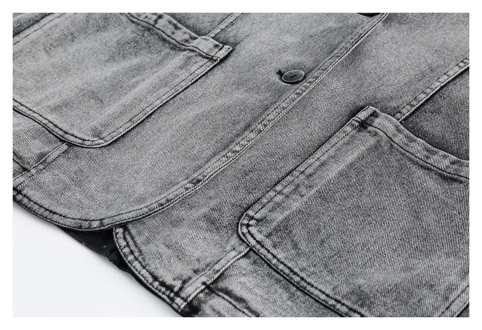 Oversized Washed Denim Blazer Jacket – Vintage Grey Black