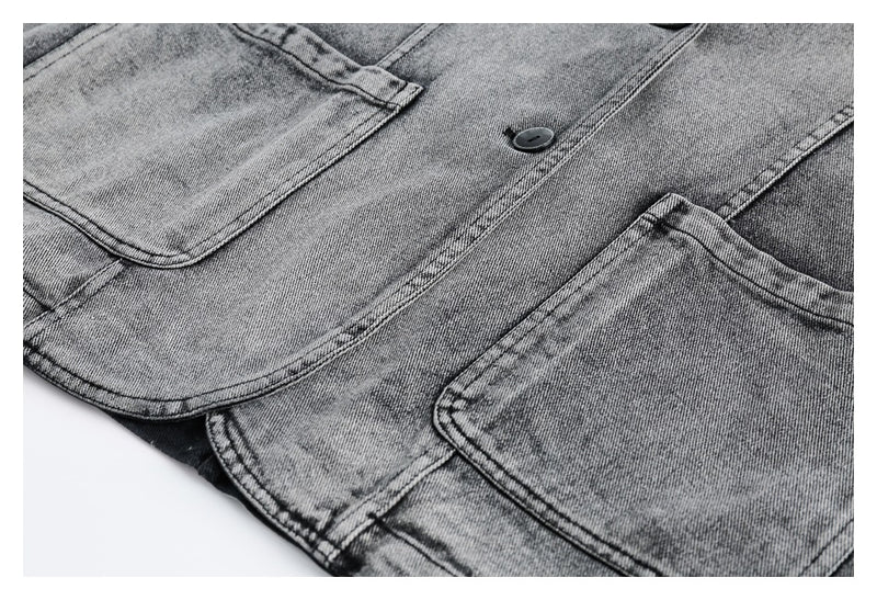 Oversized Washed Denim Blazer Jacket – Vintage Grey Black