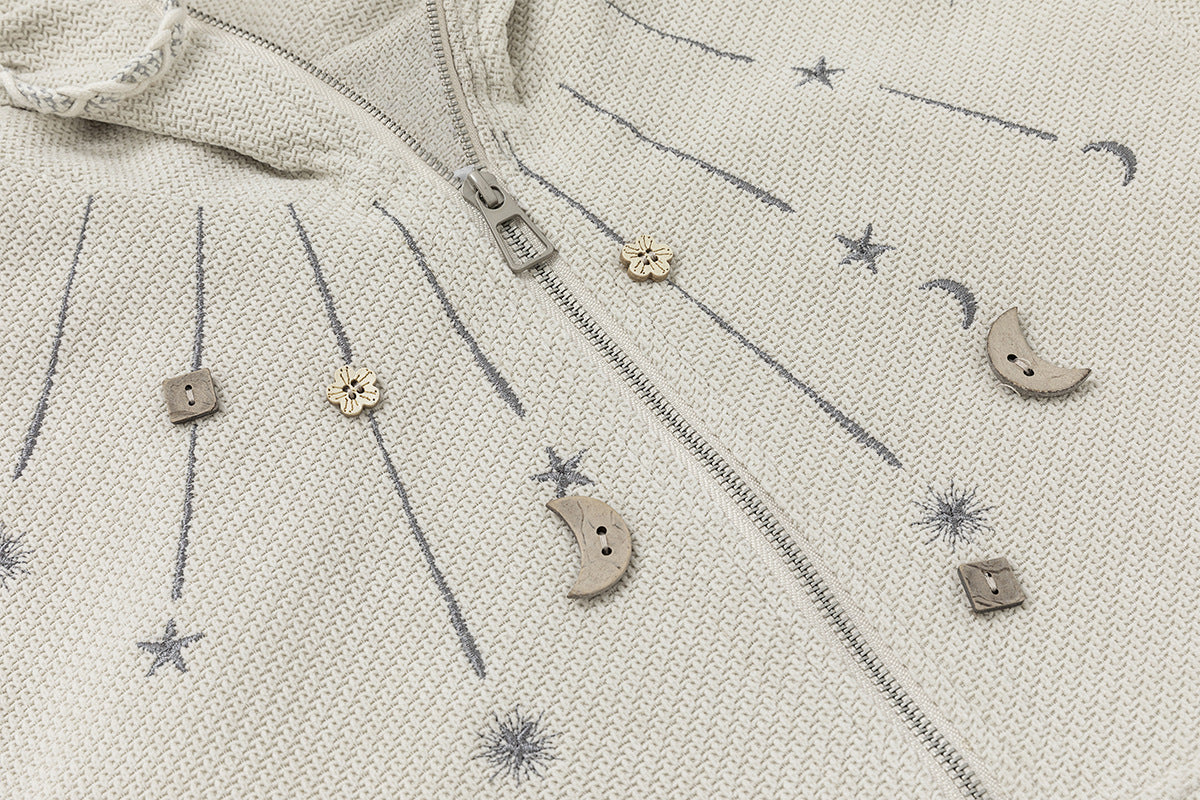 Celestial Moon & Star Embroidered Zip-Up Hoodie Jacket with Hanging Charms