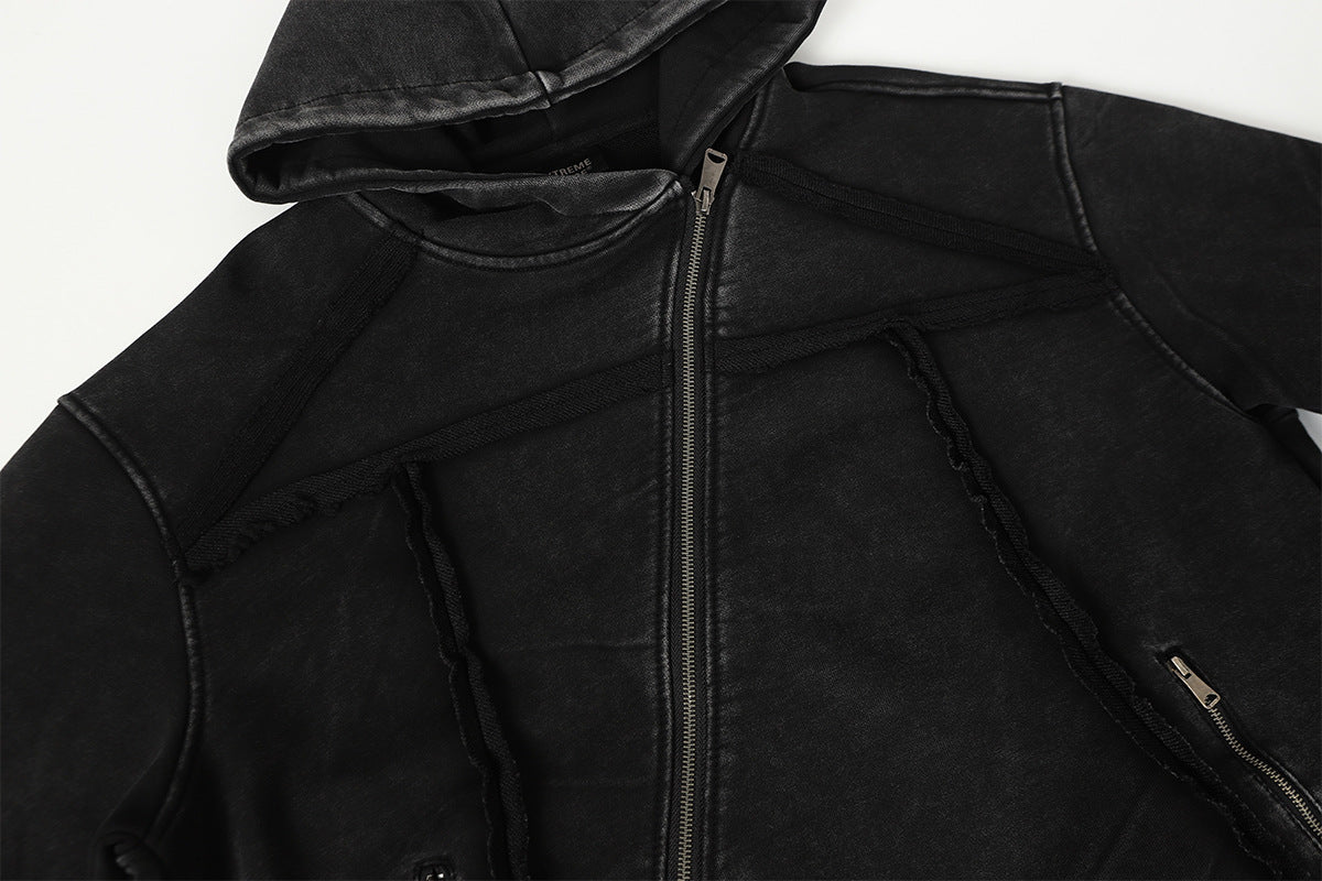 Deconstructed Asymmetric Zip Hoodie – Washed Oversized American Streetwear