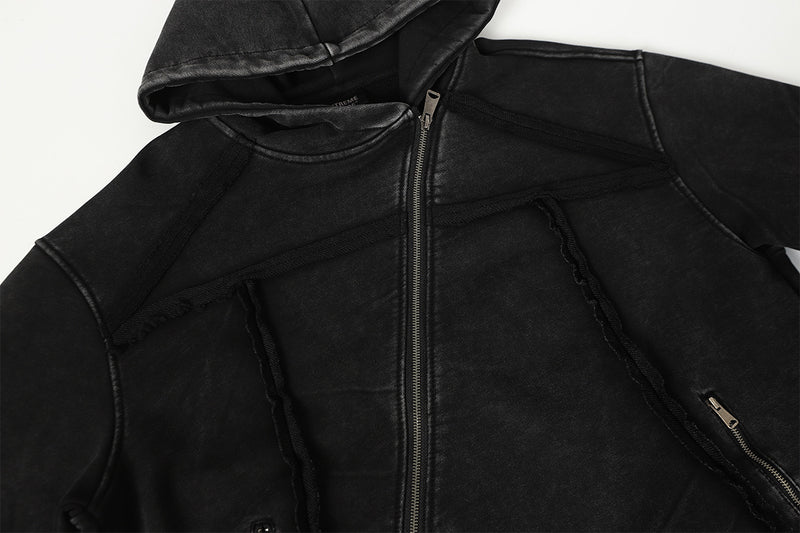 Deconstructed Asymmetric Zip Hoodie – Washed Oversized American Streetwear