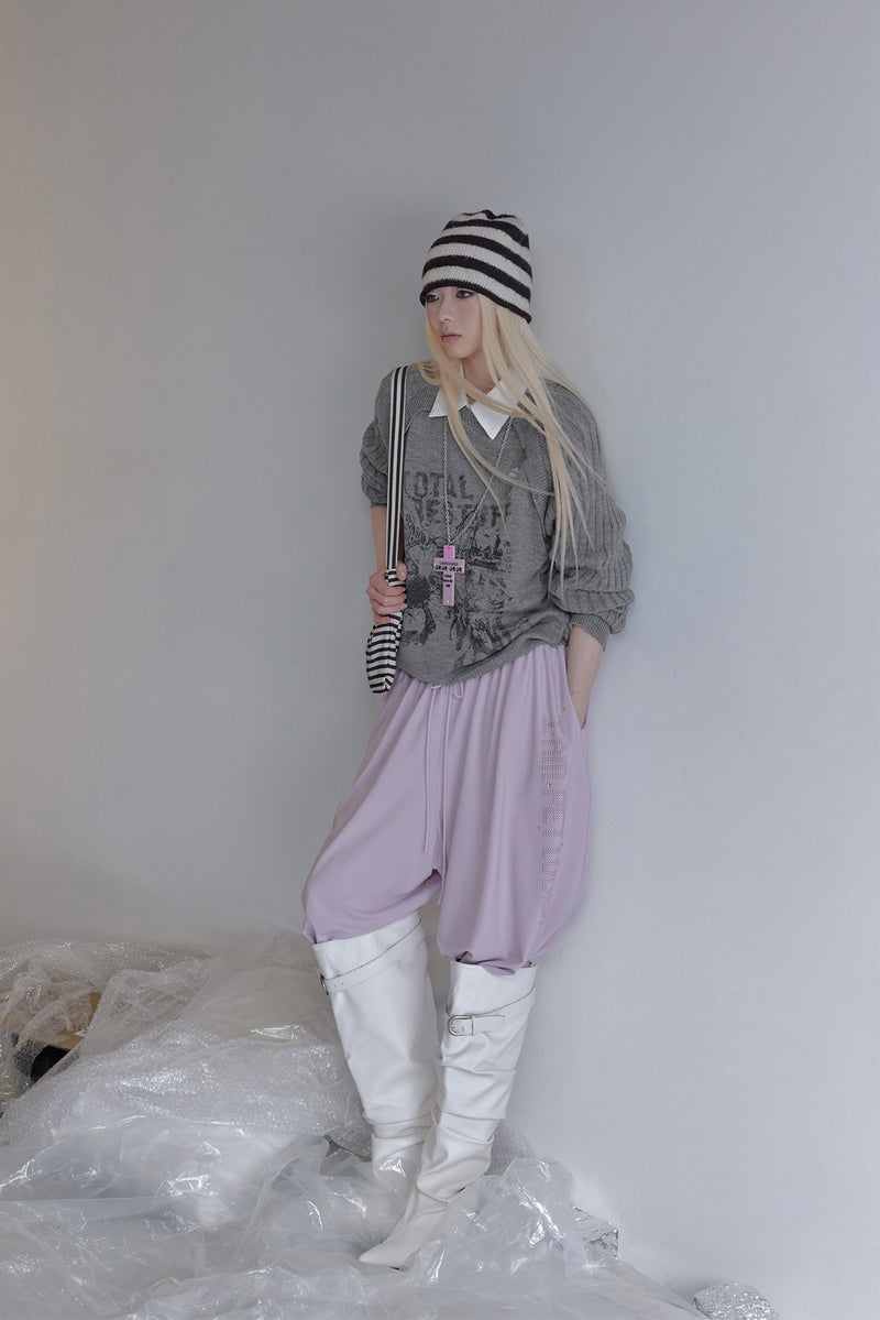 Distressed Graphic Knit Sweater – Raglan Ribbed Sleeve, Rock Print, Grey