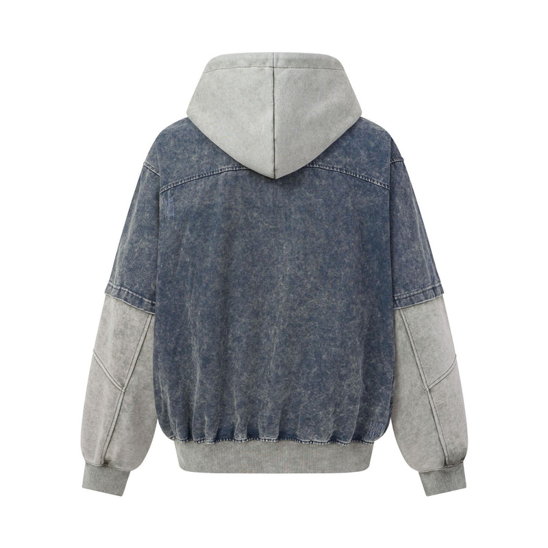 Chaqueta bomber con capucha y lavado ácido en dos tonos – Efecto falso conjunto oversize