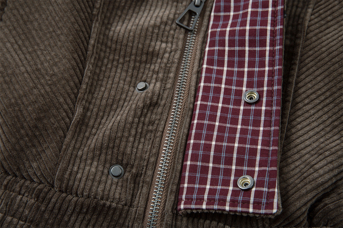 Corduroy Boxy Jacket with Plaid Contrast Lining – Retro American Style