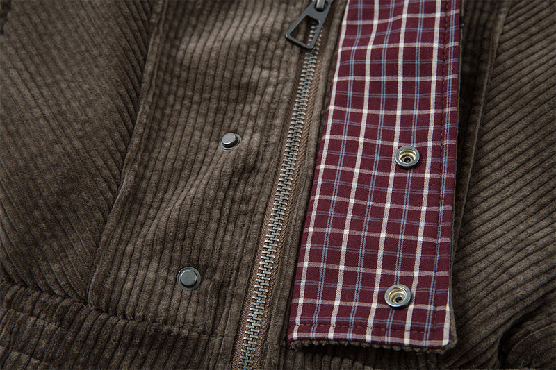 Corduroy Boxy Jacket with Plaid Contrast Lining – Retro American Style