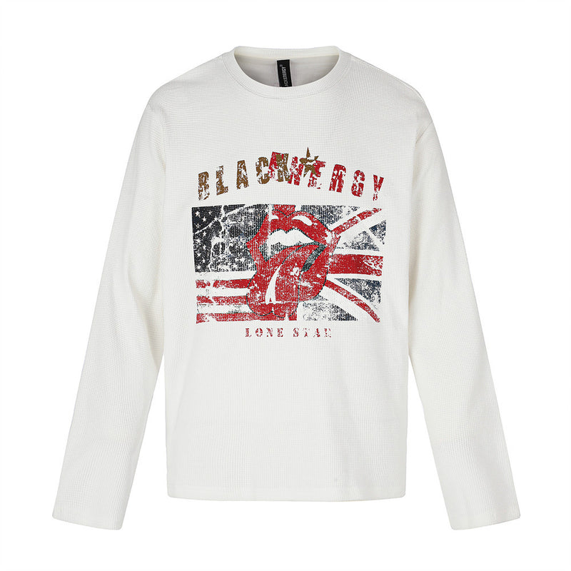Long Sleeve Waffle Knit Graphic Tee – US & UK Flag Rock Print