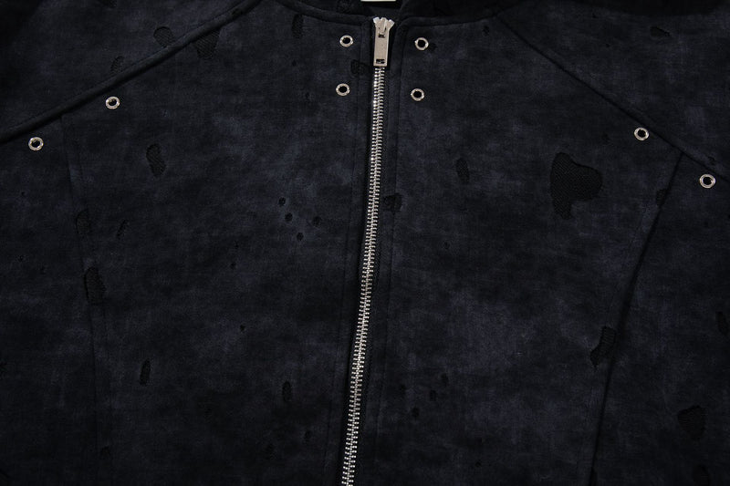 Light Zip-Up Hoodie Distressed Acid-Washed Black Cropped Jacket