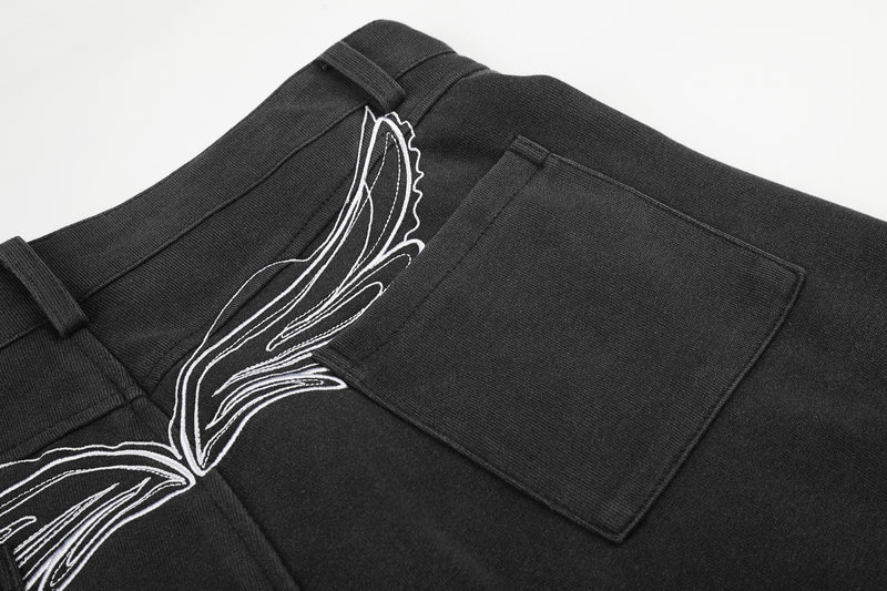 Pantalon habillé à jambes larges – Coupe baggy délavée avec poches brodées et ceinture croisée