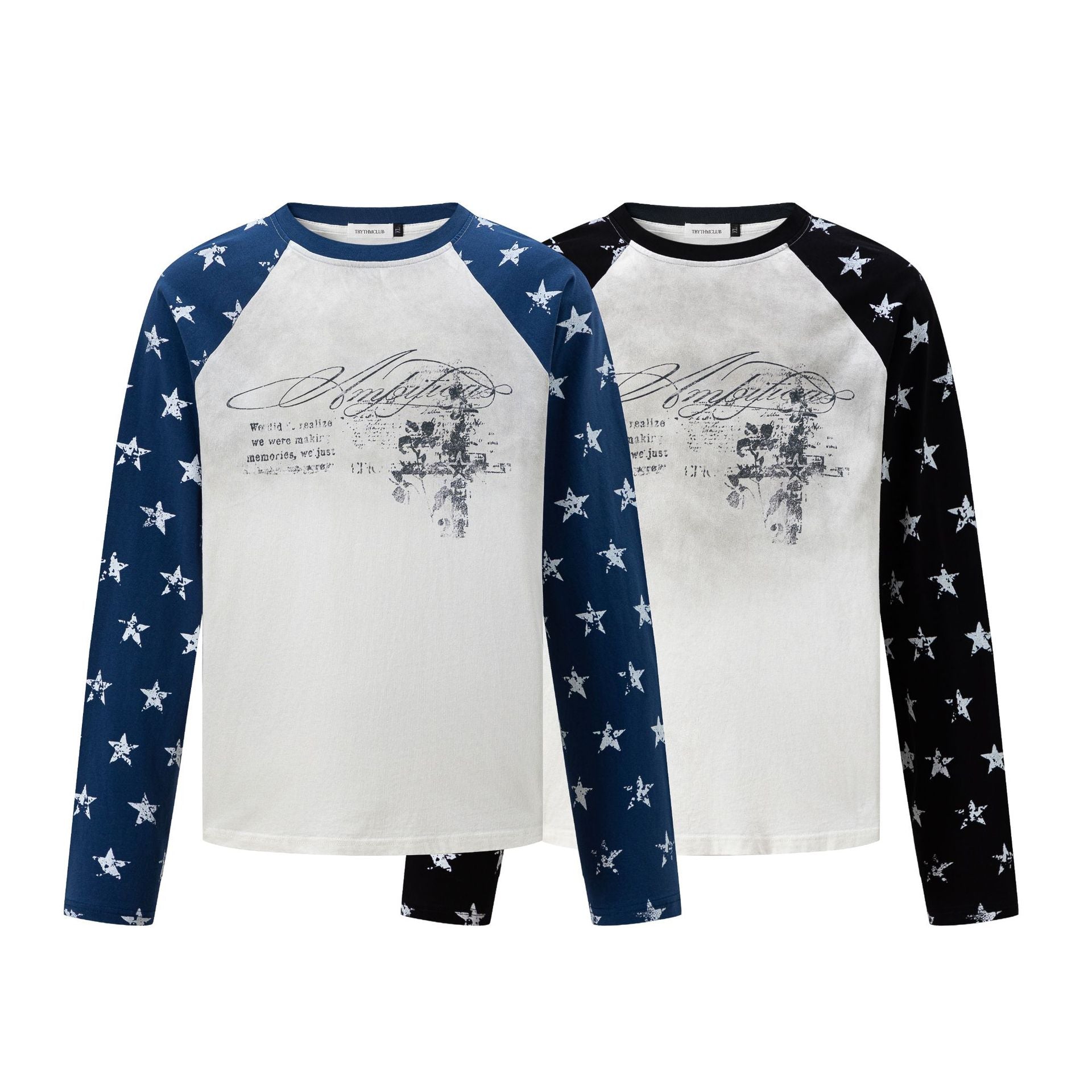 Navy Long Sleeve Shirt – Raglan Star-Print Sleeves Vintage Graphic Tee
