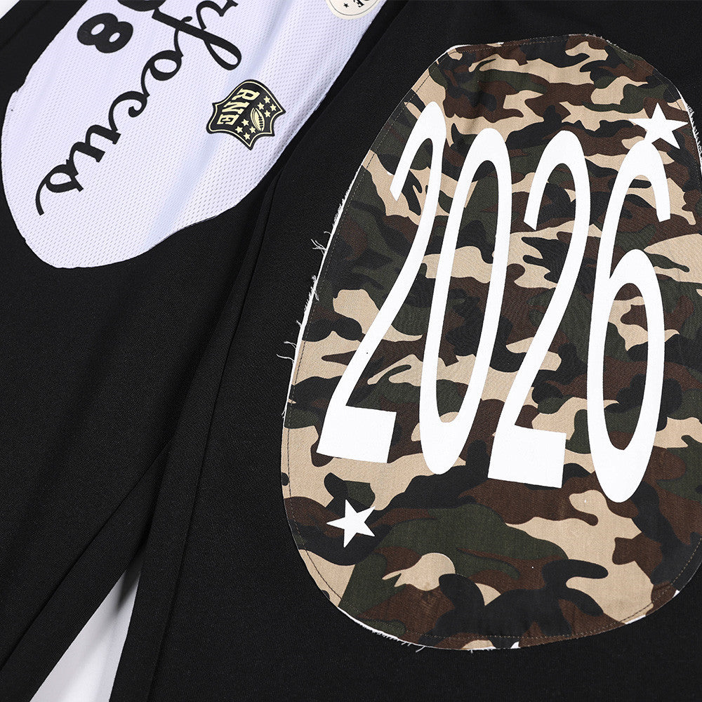 Wide-Leg Sweatpants with Camo & Script Patchwork Appliqués
