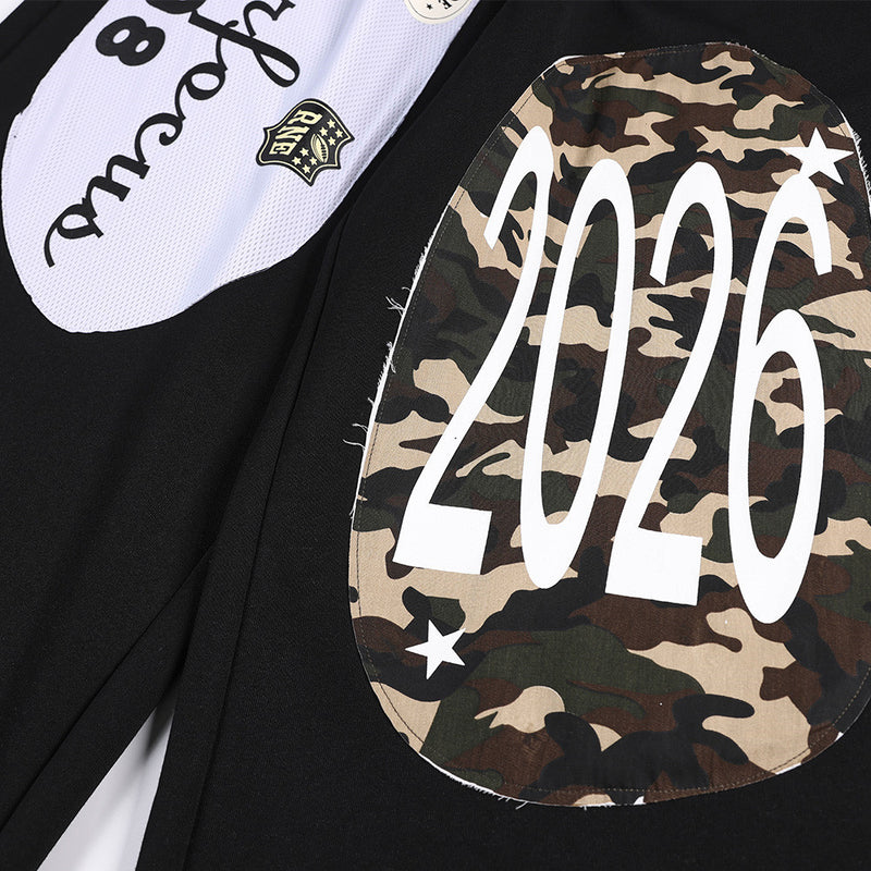 Wide-Leg Sweatpants with Camo & Script Patchwork Appliqués