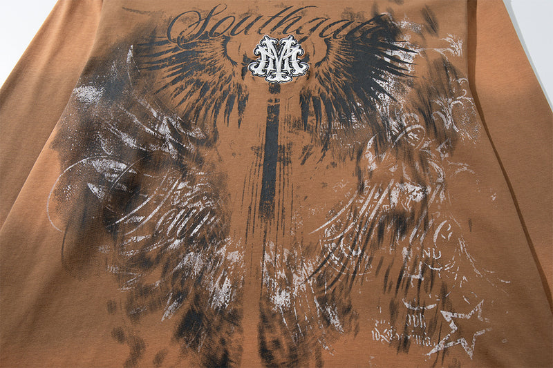T-shirt graphique à manches longues – Ailes et inscription effet délavé, coupe oversize