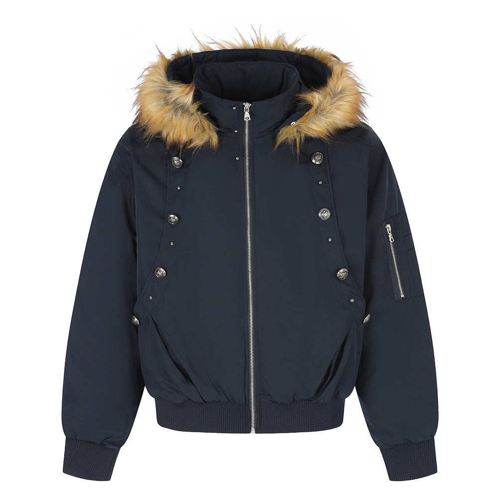 Men's Hooded Bomber Jacket with Detachable Fur-Trim Hood & Military Button