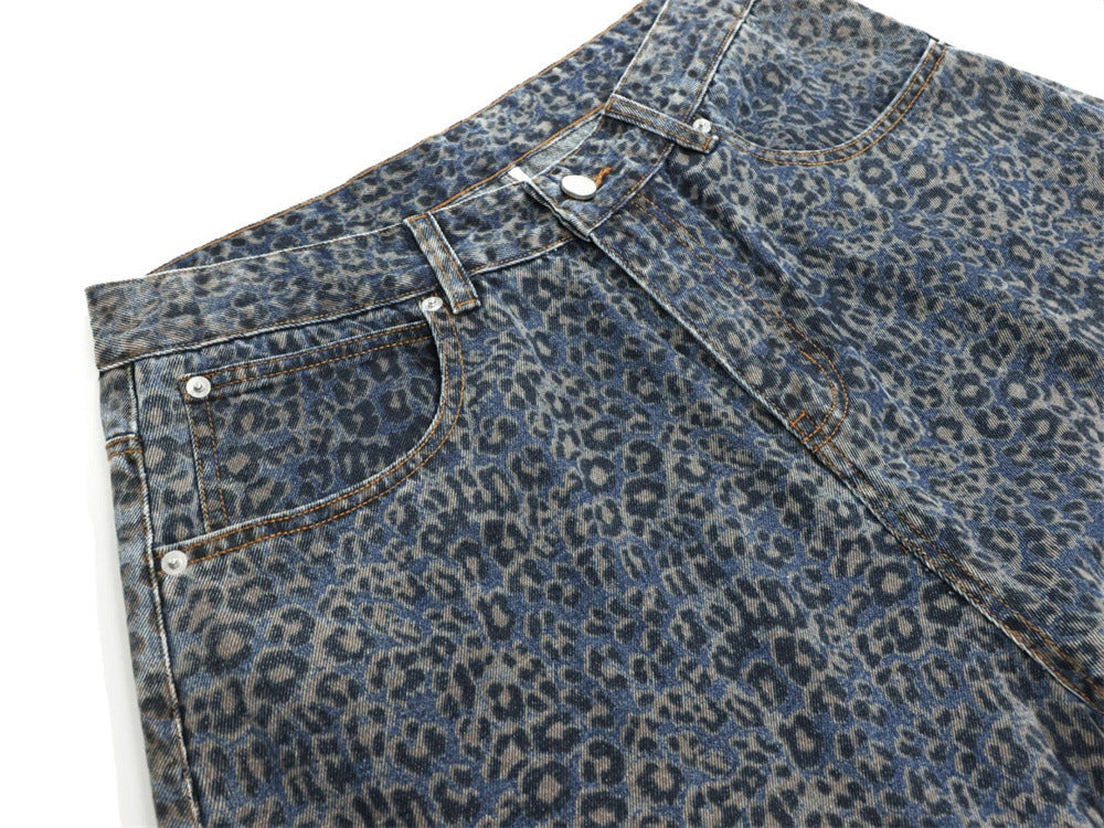 Leopard Print Wide-Leg Baggy Jeans – Oversized Curved Denim Pants