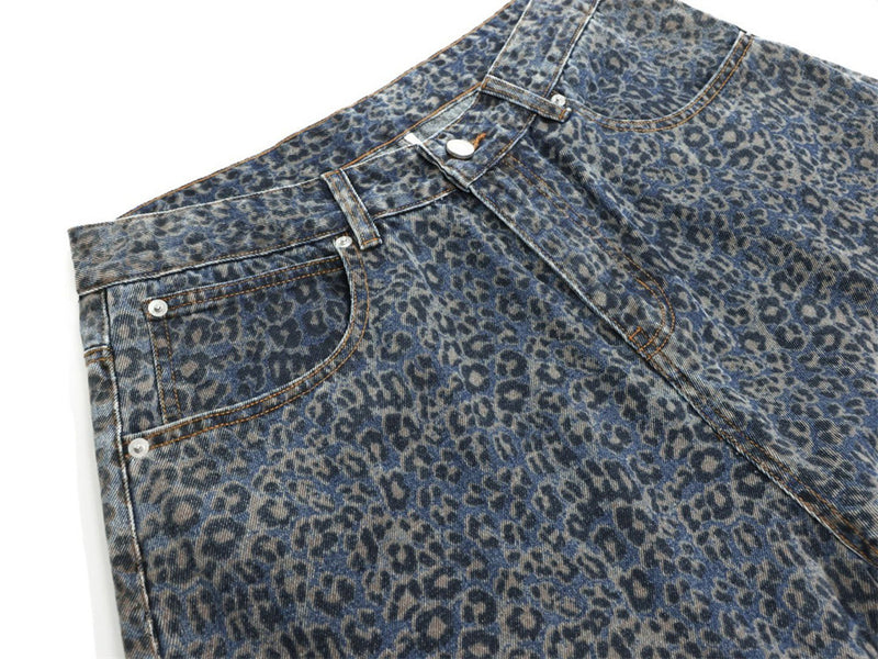 Leopard Print Wide-Leg Baggy Jeans – Oversized Curved Denim Pants