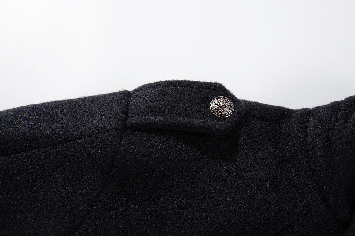 Men's Black Double-Breasted Military Wool Jacket with Stand Collar
