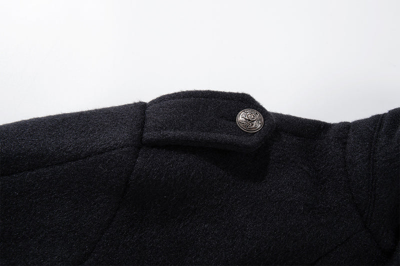 Men's Black Double-Breasted Military Wool Jacket with Stand Collar