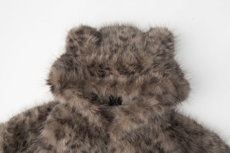 Leopard Print Faux Fur Hooded Jacket – Zip-Up Winter Coat