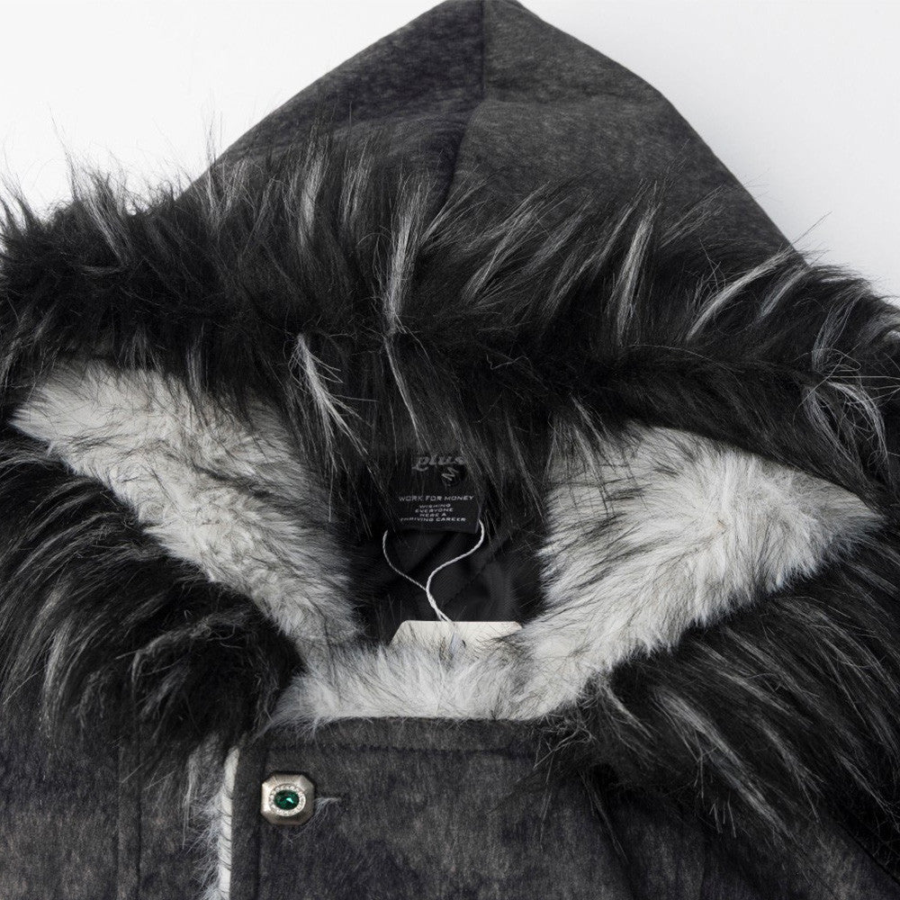 Men's Faux Fur Trim Hooded Bomber Jacket with PU Leather Panel & Snap Buttons