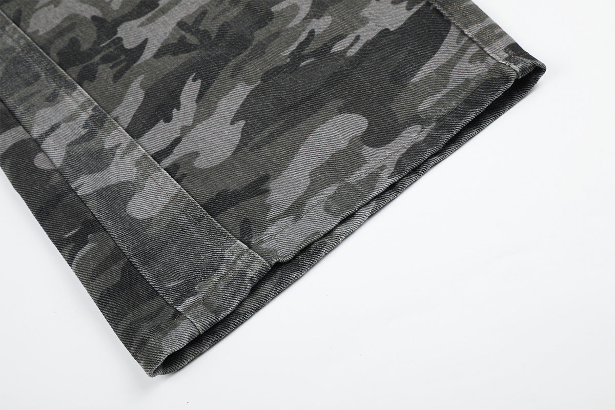 Camo Wide-Leg Cargo Denim Pants with Varsity Patches