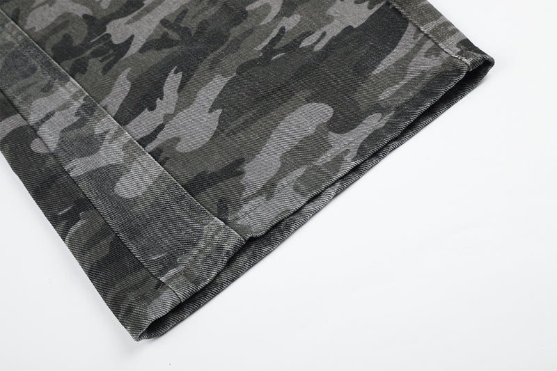 Camo Wide-Leg Cargo Denim Pants with Varsity Patches