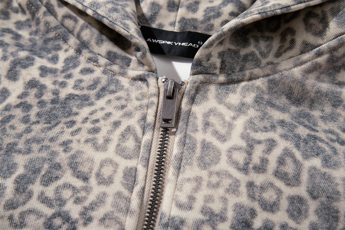 Hoodie zippé à imprimé léopard – Style streetwear américain vintage