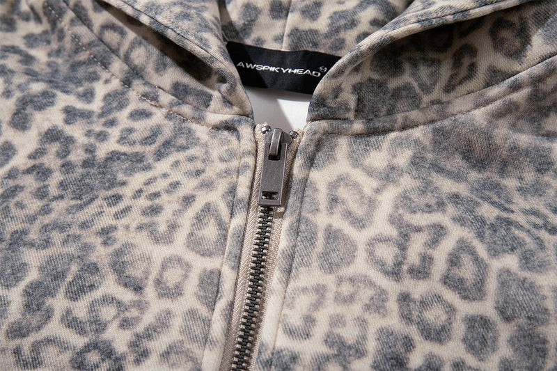 Hoodie zippé à imprimé léopard – Style streetwear américain vintage