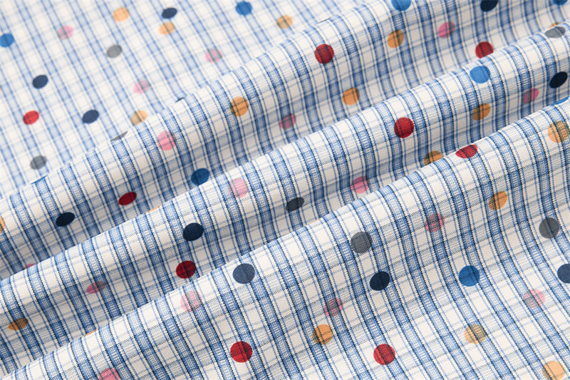 Men's Plaid Long Sleeve Shirt with Cartoon Dog Embroidery and Colorful Polka Dot