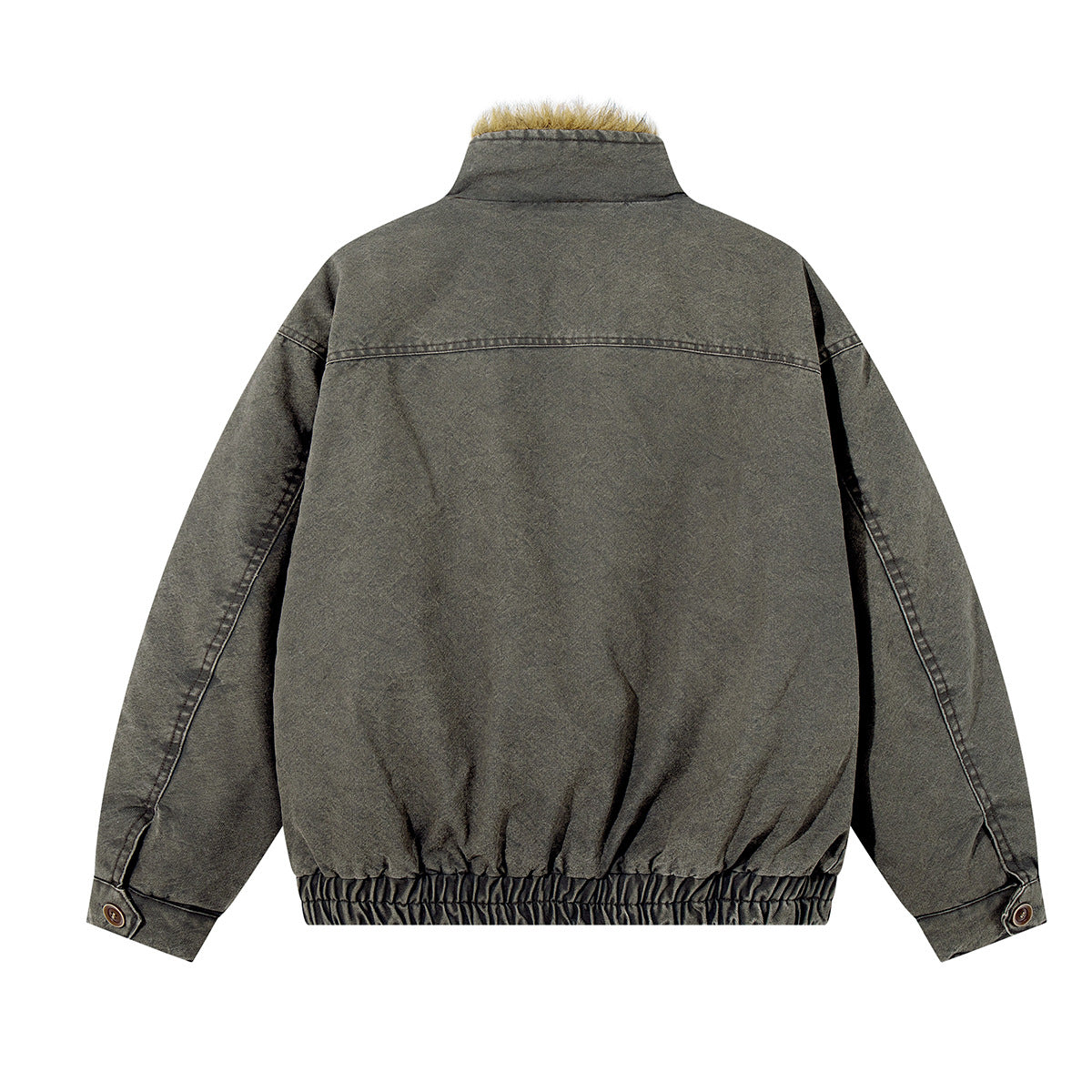 Washed Denim Fur-Collar Padded Jacket – Fleece-Lined Workwear Bomber
